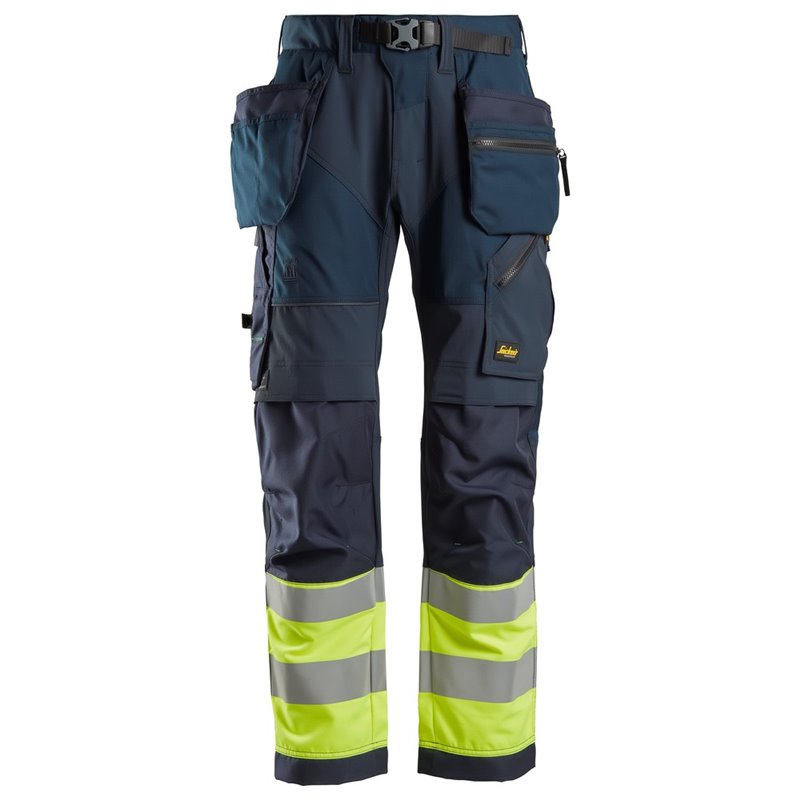 6931 Pantalones largos de trabajo de alta visibilidad clase 1 con bolsillos flotantes FlexiWork azul marino-amarillo talla 158