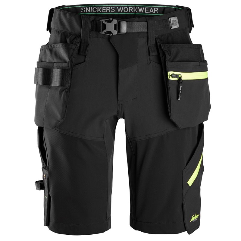 6140 Pantalones cortos de trabajo elásticos Softshell con bolsillos flotantes FlexiWork negro-amarillo neon talla 54