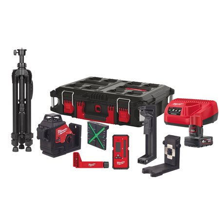 Kit de nivel láser de 3 líneas M12™, verde, ajuste fino, 330° de rotación, protección IP54. Incluye pinza para techos, detector 
