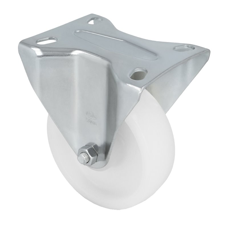 Rueda con pletina fija AMIG Mod. 2552 Nylon Blanco Ø200 MM Peso máximo 400 kg Rodamiento de rodillos