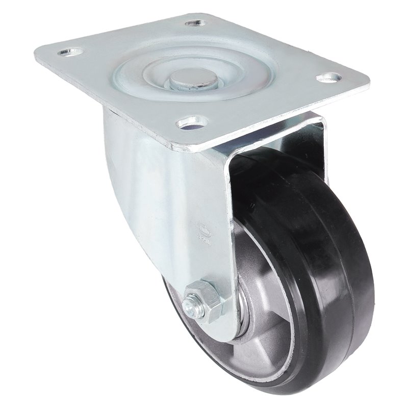 Rueda con pletina AMIG Mod. 2710 Goma Negro Ø125 mm Peso máximo 280 kg Núcleo de aluminio fundido Doble rodamiento de bolas