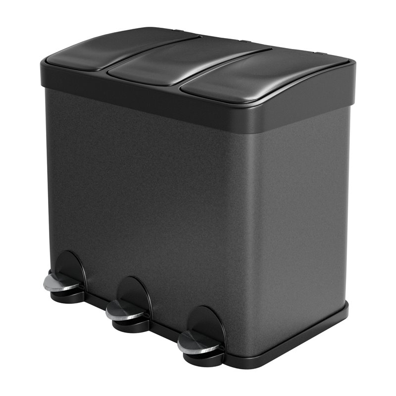 Cubo de reciclaje triple con pedal AMIG Mod. RECIK3 Acero Negro mate 60 x 37 x 49 cm 3 x 15 l