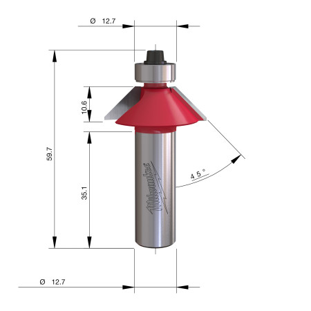 Fresa Madera 1/2" para biselar a 45º (con rodamiento) 31,7/9,5/53,3mm MILWAUKEE Ref.4932501210