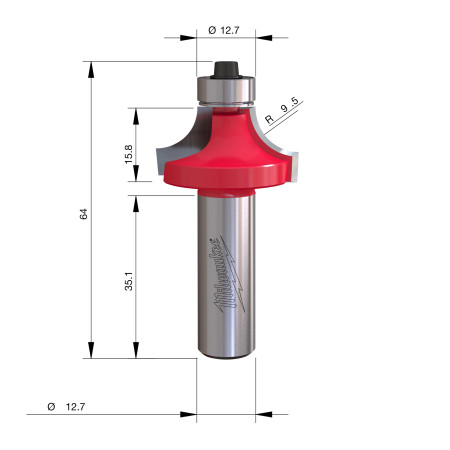 Fresa Madera 1/2" para redondear (con rodamiento) 31,7/16/63,7mm MILWAUKEE Ref.4932501212