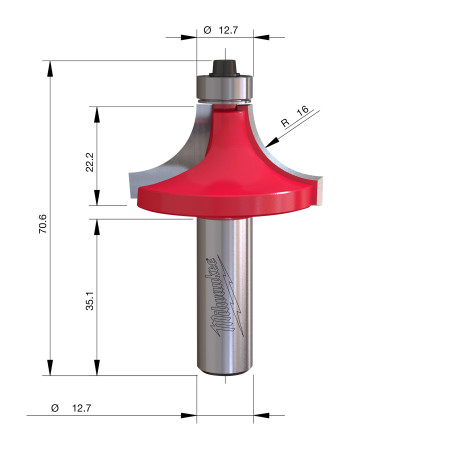 Fresa Madera 1/2" para redondear (con rodamiento) 44,5/22/70mm MILWAUKEE Ref.4932501020