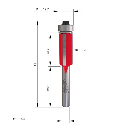 Fresa Madera 1/4" para recortar (con rodamiento) 12,7/25,4/71mm MILWAUKEE Ref.4932501174