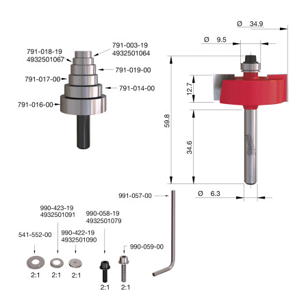 Fresa Madera 1/4" para rebajar - conjunto sistema vario (con rodamiento) 34,9/0-12,7mm MILWAUKEE Ref.4932500998