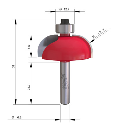 Fresa Madera 1/4" cóncava (con rodamiento) 38,1/15,5/57,7mm MILWAUKEE Ref.4932501034