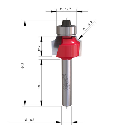 Fresa Madera 1/4" para redondear (con rodamiento) 19,1/12,7/54mm MILWAUKEE Ref.4932501014