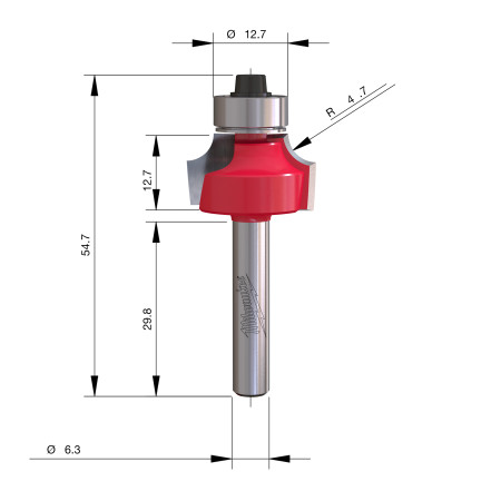 Fresa Madera 1/4" para redondear (con rodamiento) 22,2/12,7/54mm MILWAUKEE Ref.4932501015