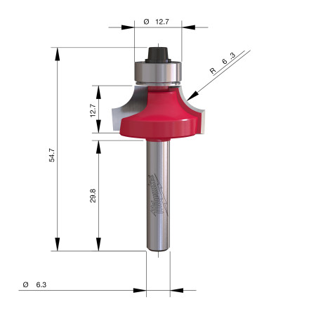 Fresa Madera 1/4" para redondear (con rodamiento) 25,4/12,7/54mm MILWAUKEE Ref.4932501016
