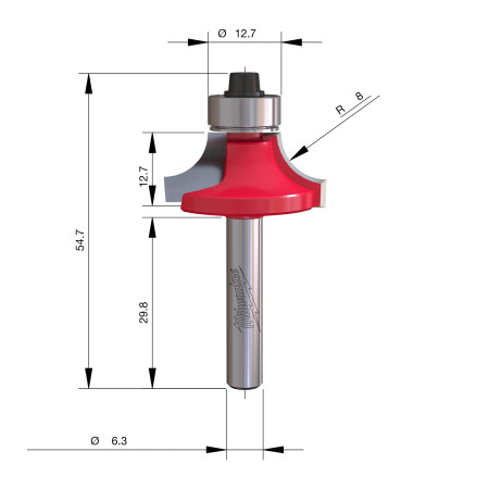 Fresa Madera 1/4" para redondear (con rodamiento) 28,6/12,7/54mm MILWAUKEE Ref.4932501017