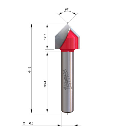 Fresa Madera 1/4" para ranurar en V a 90º 12,7/12,7-6,35/44,5mm MILWAUKEE Ref.4932500951