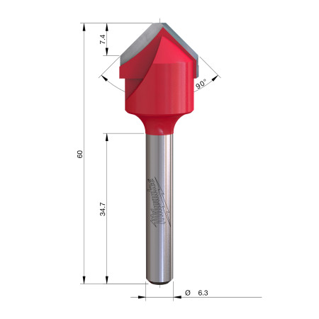 Fresa Madera 1/4" para ranurar en V a 90º (aluminio) 18/7,4/60mm MILWAUKEE Ref.4932500955