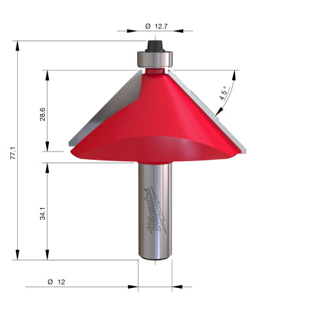 Fresa Madera 12mm para biselar a 45º (con rodamiento) 65/26/76,7mm MILWAUKEE Ref.4932501007