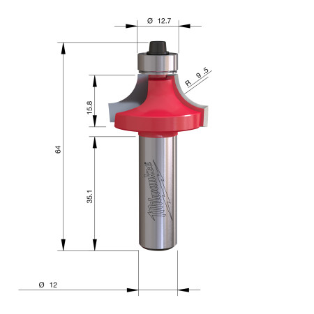 Fresa Madera 12mm para redondear (con rodamiento) 31,7/16/63,7mm MILWAUKEE Ref.4932501213