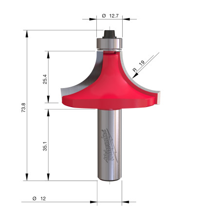 Fresa Madera 12mm para redondear (con rodamiento) 50,8/25,4/73mm MILWAUKEE Ref.4932501032