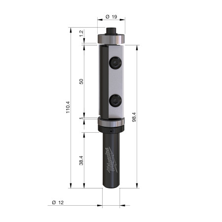 Fresa Madera 12mm de cuchillas reversibles de plantilla y corte al ras (con rodamiento) 19/50/110mm MILWAUKEE Ref.4932500947