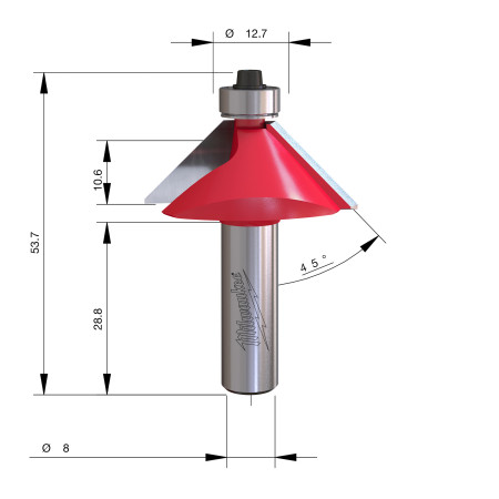 Fresa Madera 8mm para biselar a 45º (con rodamiento) 31,7/9,5/53mm MILWAUKEE Ref.4932501005