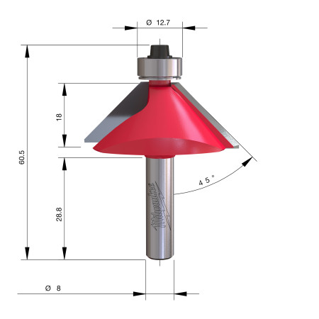 Fresa Madera 8mm para biselar a 45º (con rodamiento) 45/18/60,2mm MILWAUKEE Ref.4932501006