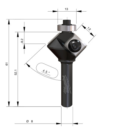 Fresa Madera 8mm de cuchillas reversibles para biselar a 45º (con rodamiento) 29/8/60mm MILWAUKEE Ref.4932501008