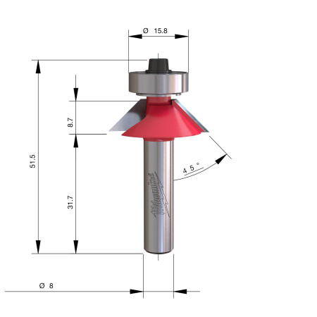 Fresa Madera 8mm para biselar a 45º y perfilar (con rodamiento) 27/5,5/51,5mm MILWAUKEE Ref.4932501002