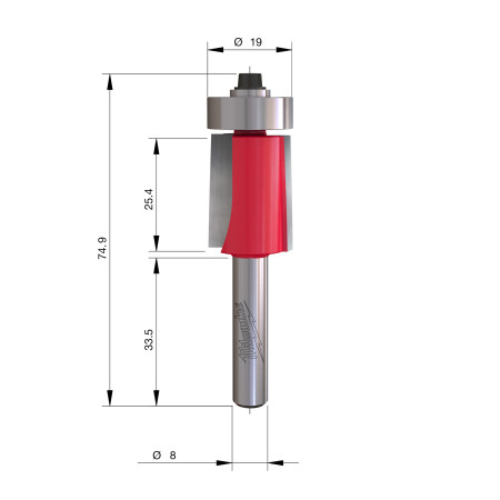 Fresa Madera 8mm para recortar (con rodamiento) 19/25,4/74,5mm MILWAUKEE Ref.4932500931