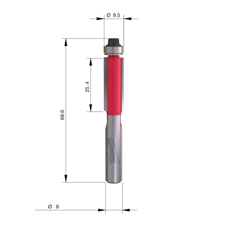 Fresa Madera 8mm para recortar (con rodamiento) 9,5/25,4/68,2mm MILWAUKEE Ref.4932500929