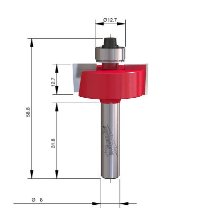 Fresa Madera 8mm para rebajar (con rodamiento) 31,7/12,7/58,4mm MILWAUKEE Ref.4932500997