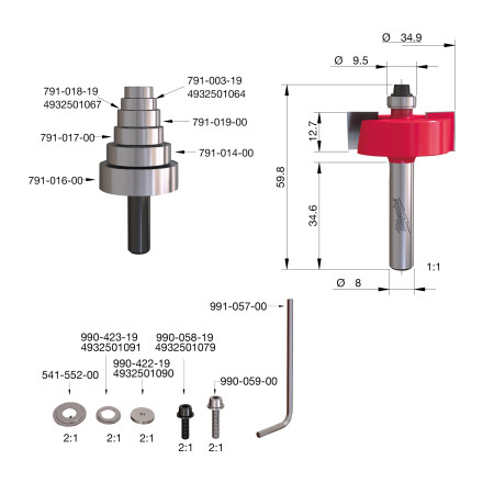 Fresa Madera 8mm para rebajar - conjunto sistema vario (con rodamiento) 34,9/0-12,7mm MILWAUKEE Ref.4932500999