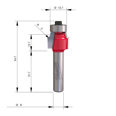 Fresa Madera 8mm para redondear (con rodamiento) 16,7/12,7/54,4mm MILWAUKEE Ref.4932501023