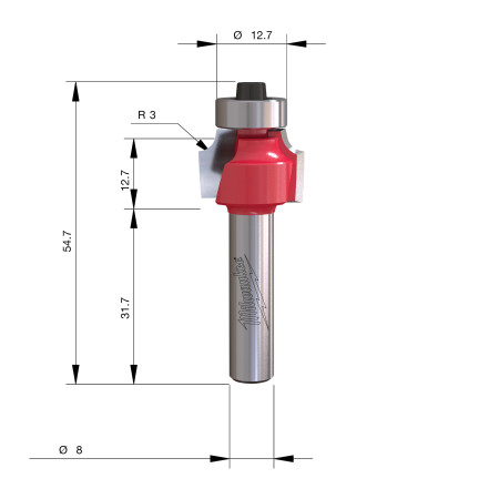Fresa Madera 8mm para redondear (con rodamiento) 18,7/12,7/52,5mm MILWAUKEE Ref.4932501024