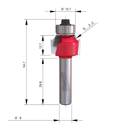 Fresa Madera 8mm para redondear (con rodamiento) 19,1/12,7/54mm MILWAUKEE Ref.4932501025