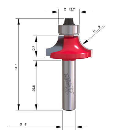Fresa Madera 8mm para redondear (con rodamiento) 28,6/12,7/54mm MILWAUKEE Ref.4932501028