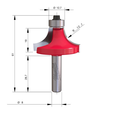 Fresa Madera 8mm para redondear (con rodamiento) 38,1/19/61mm MILWAUKEE Ref.4932501030