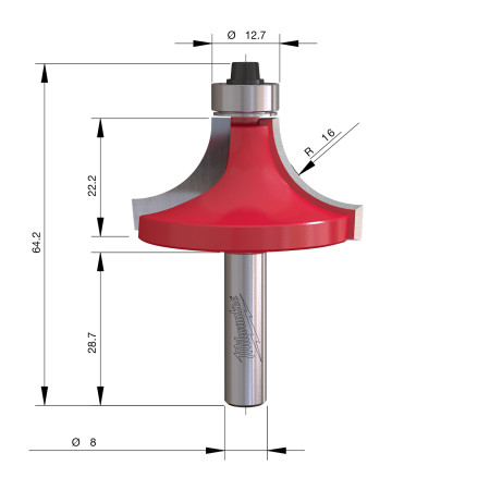 Fresa Madera 8mm para redondear (con rodamiento) 44,5/22/63,5mm MILWAUKEE Ref.4932501031
