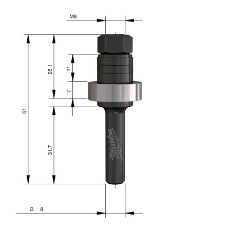 Vástago para fresa madera 8mm circular para ranuras laterales (con rodamiento) MILWAUKEE Ref.4932500982