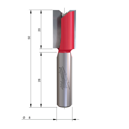 Fresa Madera 8mm recta 2 filos 12/20/50mm MILWAUKEE Ref.4932500886