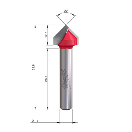 Fresa Madera 8mm para ranurar en V a 90º 16/12,7-8/52,8mm MILWAUKEE Ref.4932500953