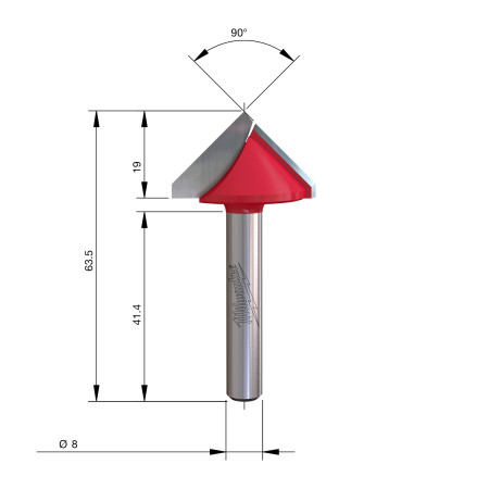 Fresa Madera 8mm para ranurar en V a 90º 31,7/19-15,88/63,5mm MILWAUKEE Ref.4932500954